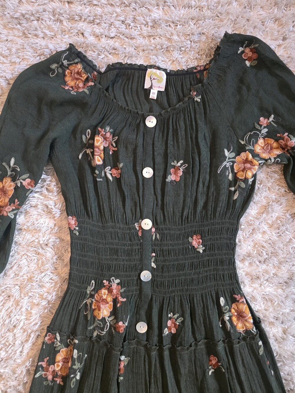 Fig & Flower Anthropologie Olive Green Embroidered Peasant Boho Maxi Dress Sz M - Picture 4 of 10
